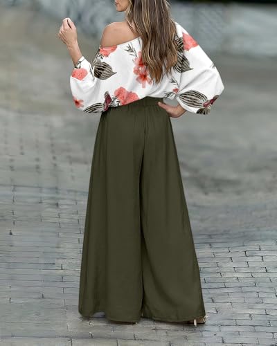 Image of CHICME Women Summer 2 Piece Outfits Off Shoulder Top Flowy Wide Leg Pants Set Vacation Travel Airport Outfits