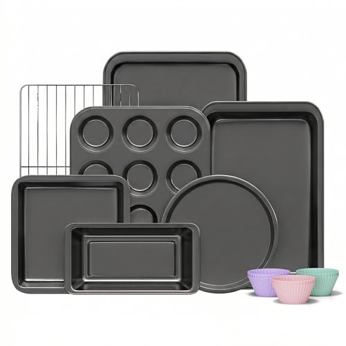 KITESSENSU Compact Baking Pans Sets, Nonstick Bakeware Sets 19-Piece with Round/Square Cake Pan, Loaf Pan, Muffin Pan, Cookie Sheet, Roast Pan, Cooling Rack, Carbon Steel Bake Set