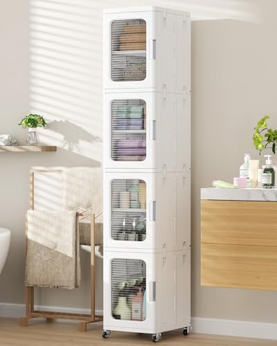 Image of BROVIEW 4-Tier Tall Narrow Storage Cabinet Organizer, Slim Bathroom Cabinets with Adjustable Shelves and Doors, Plastic Kitchen Pantry Organizers and Storages for Small Space, Laundry, White