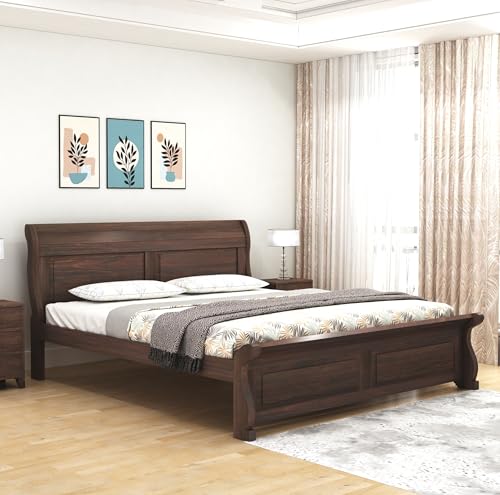 Image of SONA ART & CRAFTS Curve Solid Sheesham Wood Bed Queen Size Without Storage (78x60) Double Bed Queen Size Cot for Bedroom (Walnut Finish)