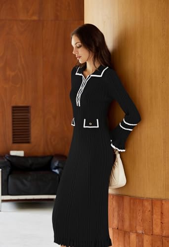 Pink Queen Women's V Neck Bodycon Sweater Dress 2025 Long Sleeve Half Button Slim Fitted Ruffle Ribbed Knit Maxi Pencil Dress3