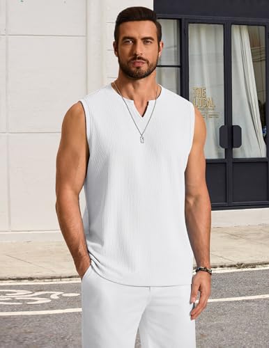 COOFANDY Mens Vintage Knitted Tank Top V Neck Sleeveless Shirt 3D Textured Jacquard Weave for Summer, White, Small - Image 3