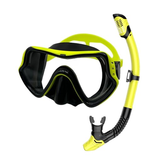 DancJulieシュノーケリング シュノーケル 3点セット ドライスノーケル 広い視野 強化ガラス 潜水眼鏡 防水 耐衝撃耐圧力 フィット感 シュノーケルマスク 潜水メガネ 着脱簡単 密閉性良好 男女兼用 初心者向け 収納袋 耳栓 (イエローとブラック)