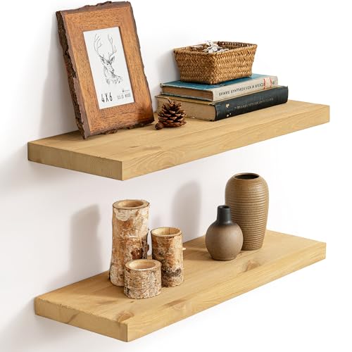 Image of Marsmiles Floating Shelves | 24 Inch Natural Wood Wall Shelves Set of 2 | 9.3 Inch Deep Rustic Reclaimed Wood Shelves for Room Wall | Farmhouse Floating Shelves for Living Room Bathroom
