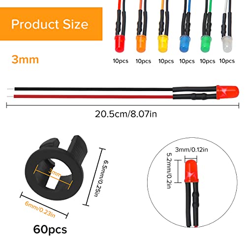 Lyeteung 60 Stücke 3mm 12V Vorverdrahtete LED Dioden Licht, Weiß Orange Rot Gelb Blau Grün, 3mm LED Diffuse Emittierende Leuchtdiode mit 20cm Kabel + 60 Stücke 3mm Plastik LED Dioden Halter