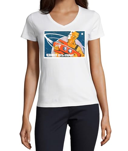 T-shirt en coton pour femme URSS col en V blanc motif poster retro space exploration L