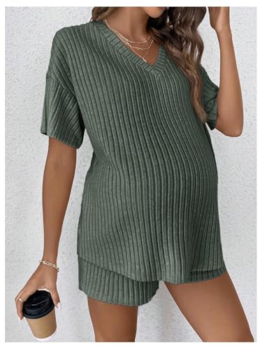 Image of MakeMeChic Women's Maternity 2 Piece Outfits Summer Short Sleeve Rib Knit Tee Top and Short Lounge Sets Clothes