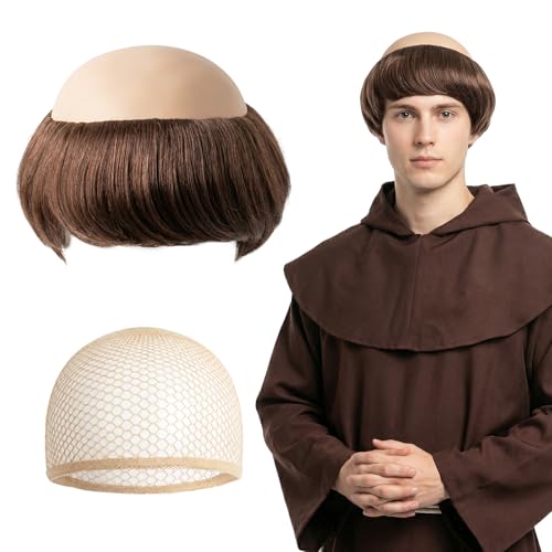 Sdfvsdg Funny Short Monk Wig for Men Bald Brown Wigs for Adult Cosplay Monk Costume Character Themed Party Accessories