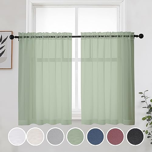 Image of OWENIE Sage Green Sheer Curtains 36 Inches 2 Panels Set - Kitchen Tiers Valances Curtains Light Filter Rod Pocket Voile Cafe Curtains for Kitchen Bathroom Small Half Window, 42 in W x 36 in L