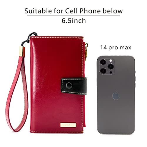 Andoilt Wallet Women Rfid Blocking Genuine Leather Bifold Multi Card Organizer Wristlet Purse Cell Phone Handbag With Zipper Pocket Red #TOP4