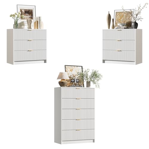 Image of Furniway White Dresser Bedroom Set 3 Pieces, Nightstands Sets of 2, 5 Drawer Dresser with Gold Handles for Bedroom