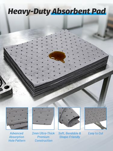 Image of Heavy Duty Oil Absorbent Pads 13.5 inch x 17.5 inch 100 Pcs | Automotive Absorbent Pad Absorbs Up to 10 oz per Oil Spill Pads Universal Leak Drip Garage Floor Oil Water Coolant Workshop