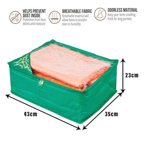 Image of Kuber Industries Saree Cover with Zip Closure | Clothes Storage Bag for Wardrobe Organiser | Transparent Top Saree Cover | Side Embroidery-Design | 9 inch | Pack of 2 | Green