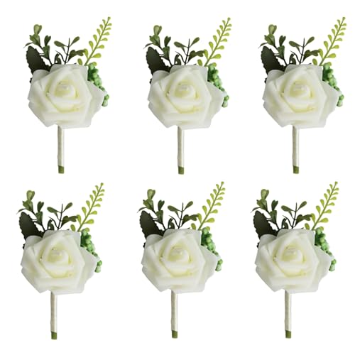LATRAT Lot de 6 broches en forme de fleur de mariée - Pour mariage, marié, demoiselle d'honneur, témoin, invités, blanc