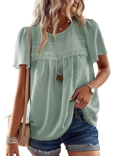 TUUHAW Summer Tops for Women UK 2026 Cute Sage Green Blouse Bohemian Solid Swiss Dot Crewneck Lace Hem Flowy Business Tunic Short Sleeve Elegant Girls Bardot Going Out Sexy Clothes XXXXXXL