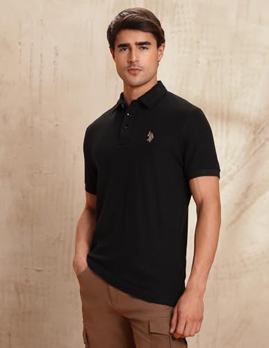 Image of U.S. Polo Assn. Denim Co. Black Textured Cotton Regular Fit Men's Polo Shirt