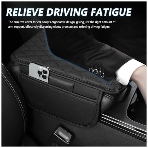 Car Center Console Armrest Cover Pad Fashion PU Leather Car Armrest Cushion Universal Fit for SUV/Truck/Car, Auto Armrest Seat Box Cover with 2 Mobile Pockets, Ergonomic Comfort & Easy Install (Black)