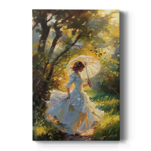 Renditions Gallery Canvas Artwork for Home Decor Elegant Woman Running in Garden Beautiful Parasol Wall Art Paintings for Bedroom Office Office - 8" X 12" LT566