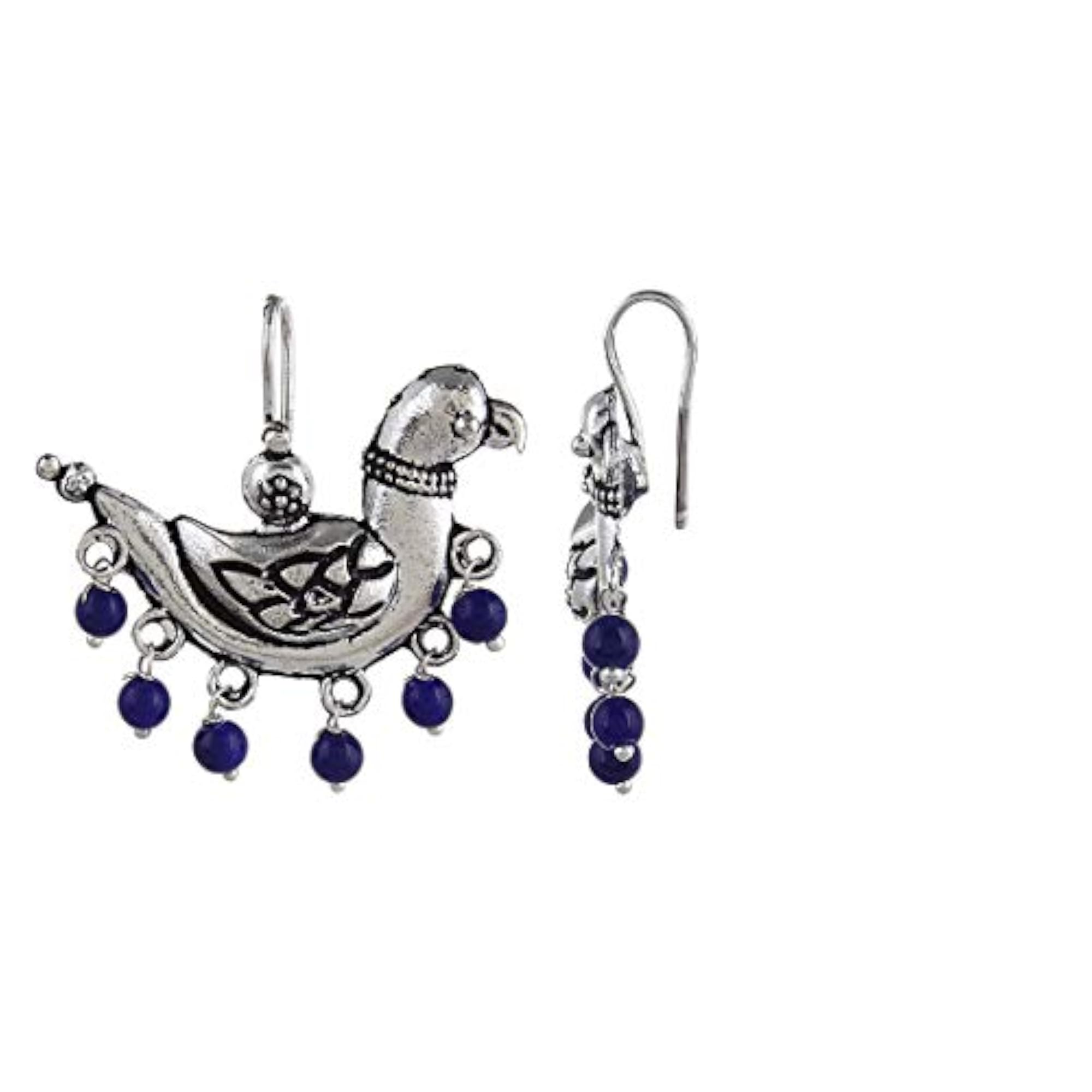 Oxidised Bird Dangle Earrings with Blue Bead Drop
