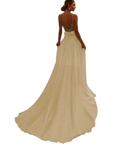 SRUHKO Satin Boho Wedding Dresses for Bride Spaghetti Straps A-Line Bridal Gowns with Pockets Sweep Train Champagne