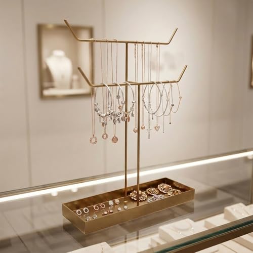 Image of ecofynd 2-Tier Metal Jewelry Organizer Stand with 2 Hangers, 16-Inch Holder for Earrings, Necklaces, Bracelets & Rings, Space-Saving Display for Vanity, Dressing Table & Home (Gold, JS010)