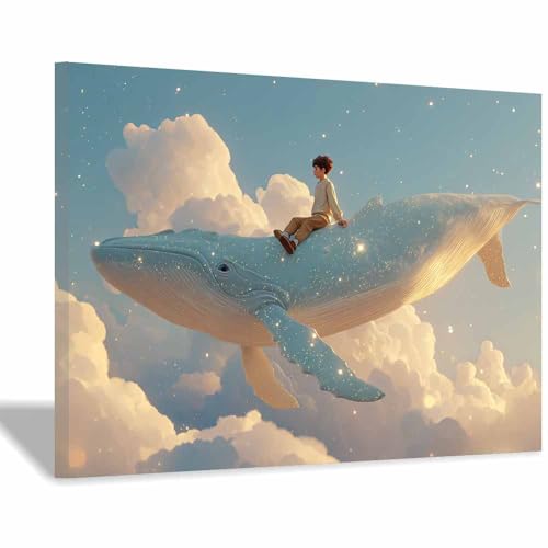 Toile murale ocean pour salon et chambre enfant Tableau baleine blanc encadré 60x90cm