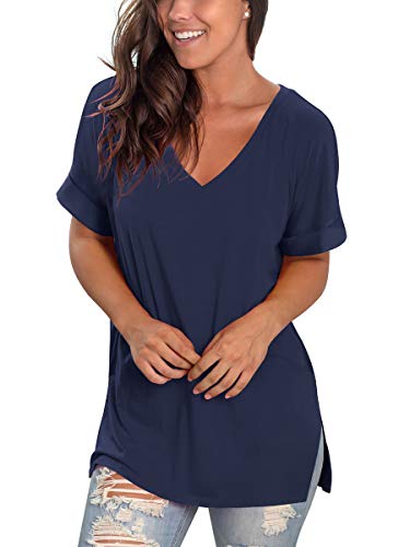 Image of Sampeel Women's V Neck T Shirts Casual Rolled Short Sleeve Side Split Summer Tops Loose Fit