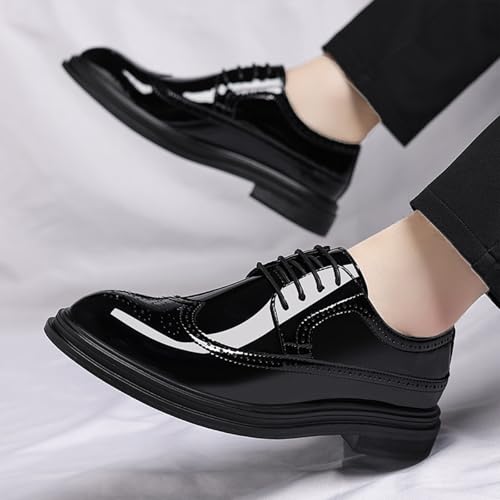 Men's Black Patent Leather Wingtip Dress Oxford Shoes Classic Modern Lace-up Plain Toe Business Casual Brogue Leather Shoes 5