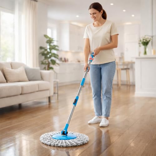 Image of Mr.Mop 360 Spin Universal Blue Stick Rod with 2 Microfibre Grey Refills - Magical Extendable Handle Pocha for Floor Cleaning