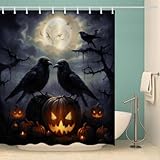 RFFLUX 3D Krähe Duschvorhang Anti Schimmel 180x180 cm mit 12 Haken Halloween Krähe Duschvorhänge Anti-Bakteriell Waschbar Wasserdicht Polyester Badvorhänge für Badezimmer（Stil 22-18）