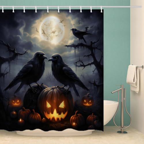RFFLUX 3D Krähe Duschvorhang Anti Schimmel 180x180 cm mit 12 Haken Halloween Krähe Duschvorhänge Anti-Bakteriell Waschbar Wasserdicht Polyester Badvorhänge für Badezimmer（Stil 22-18）