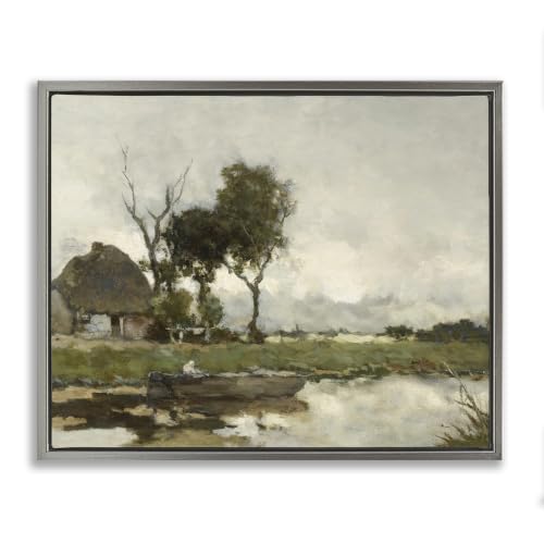 Classic River Landscape Boat Scene, 16 x 20 Inch Canvas in Floater Frame