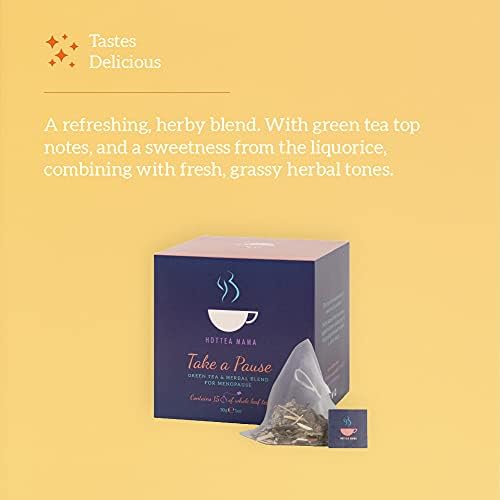 HOTTEA MAMA Take a Pause Menopause Tea 15 Bags | Raspberry Leaf, Ginseng, Green Tea, Gingko, Liquorice & Valerian | Whole Leaf Transition Tea for Peri & Post Menopause in Biodegradable Pyramid Bags |