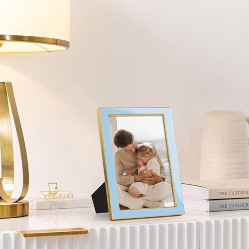 Image of eletecpro 4x6 Enamel Picture Frame Set of 2 with Real Glass Cover, Cute Photo Frame with Gold Metal Edge, Horizontal and Vertical Display Pictures 4 by 6 for Tabletop and Wall Decor, Sky Blue
