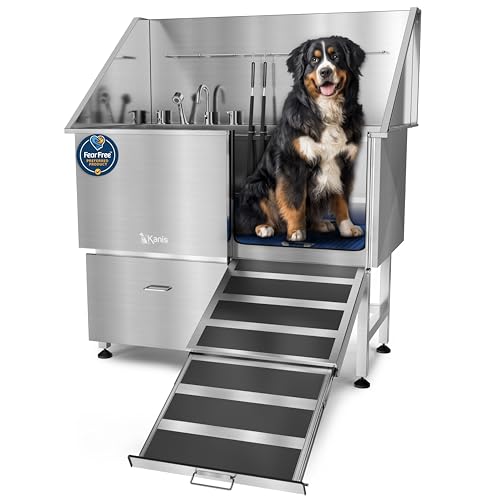 Image of KANIS Professional Dog Washing Station 304 Stainless Steel Pet Wash Sink & Grooming Bathtub w /Shower, Floor Grates and Storage for Large, Medium & Small Pets (Silver, 50 Inches, Right Ramp, 1 Drawer)