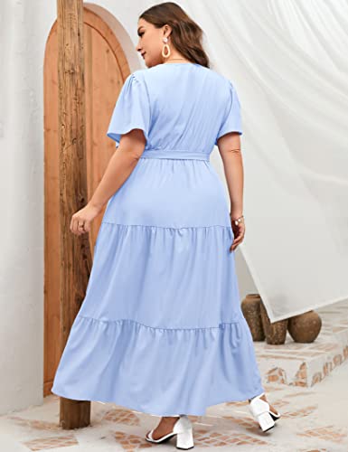 Image of ShopWonder Womens Plus Size V Neck Wrap Maxi Dress High Waist Ruffle Summer Casual Dress with Belt