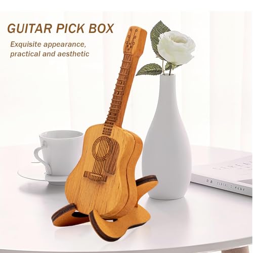 Wooden Guitar Pick Holder with Stand, Guitar Pick Box, 3PCS Unique Guitar Picks, Musician Engraved Wooden Plectrum Case,Guitar Accessories Gift for Electric Bass Guitar Ukulele Players - Thumbnail 5