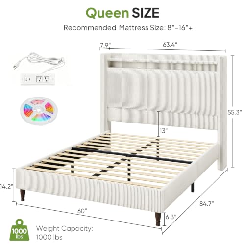 Image of Queen Size Bed Frame with 55.3 inch Tall Headboard, Corduroy Upholstered,Cream