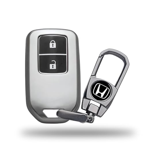 Image of SIAGO Premium TPU Car Key Cover and Metal Keychain Compatible with Honda BRV | WRV | CRV | Jazz | City 2 Button Smart Key (Grey)
