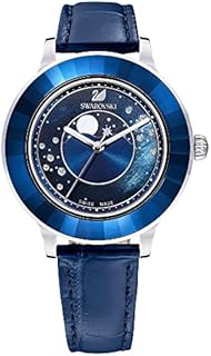 Swarovski Octea Lux Uhr Mond, Edelstahl Damenuhr mit Blauem Gehäuse und Zifferblatt, Swarovski Kristallen und Blauem Lederarmband