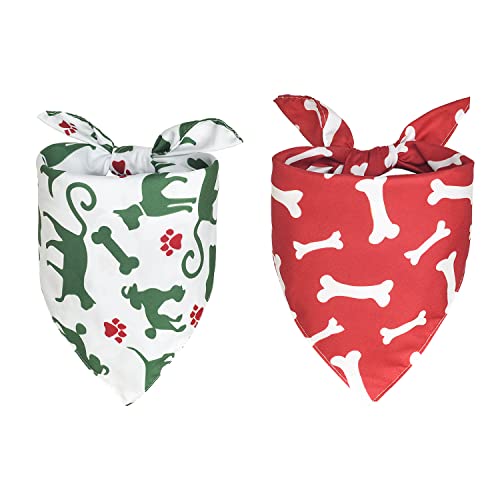 AVOIN colorlife Christmas Bone Pet Bandana 2 Pcs, Adjustable Pet Paw Print Holiday Party Triangle Reversible Dog Cat Scarf for Small Medium Large Dogs
