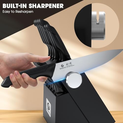 Image of imarku Knife Set with Block, Sharp Knives Set with Built-in Sharpener, Stainless Steel Kitchen Knife Sets with Non-Slip Ergonomic Handle, Dishwasher Safe, 14 PCS Professional Knife Set for Gift, Black
