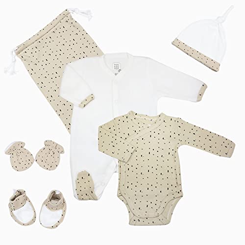 Trois Kilos Sept - Kit Naissance 6 Pièces (Body, Bonnet, Chaussons, Moufles, Pochon, Pyjama) - 0 Mois - Cappuccino Cover