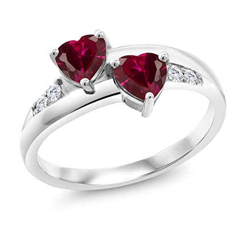 Gem Stone King 925 Sterling Silver Red Created Ruby and Lab Grown Diamond Women Ring (1.28 Ct Heart Shape) (Size 7)