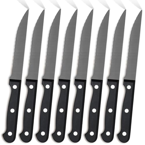 Pleafind Lot de 8 couteaux à steak en acier inoxydable - Couteaux à steak tranchants avec lame dentelée - Couteau de table noir - Couteaux de table - Couverts à steak - Passe au lave-vaisselle