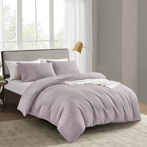 KASYLAN Breathable Duvet Cover Set with Zipper Closure - Waffle Dobby Weave Texture Duvet Sets, Modern Boho Duvet Cover & Pillow case, All Season Microfiber Bedding Quilt Cover Set (Single, Purple)