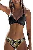KAMONI Damen-Badeanzug mit Spaghetti-Trägern, Bedruckt, Triangel-Bikini, V-Ausschnitt, Rückenbindung, Kreuz, niedrige Taille, 2-teiliger Badeanzug (M, Schwarz)