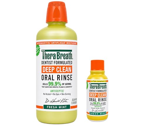 TheraBreath Deep Clean Oral Rinse Fresh Mint 33.8 oz and TSA Compliant Deep Clean Oral Rinse 3 oz Kit Antiseptic Mouthrinse