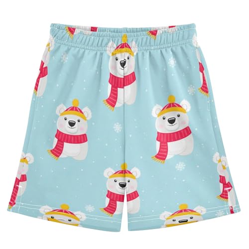 Cute Bears Wearing Scarves Athletic Shorts with Zipper Pockets, Youth Boys Athletic Running Shorts for Summer