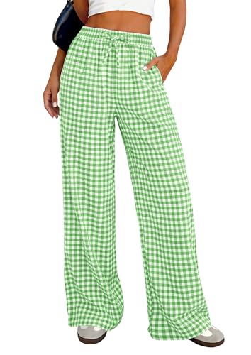 PRETTYGARDEN Gingham Pajama Pants Women Lightweight Summer Cotton PJ Bottoms Spring Wide Leg Palazzo Plaid Lounge Trousers (Light Green Plaid,X-Large)